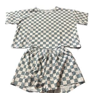 monkeeroos Bamboo Daywear shirt and shorts, green‎ and white checkered, 5t